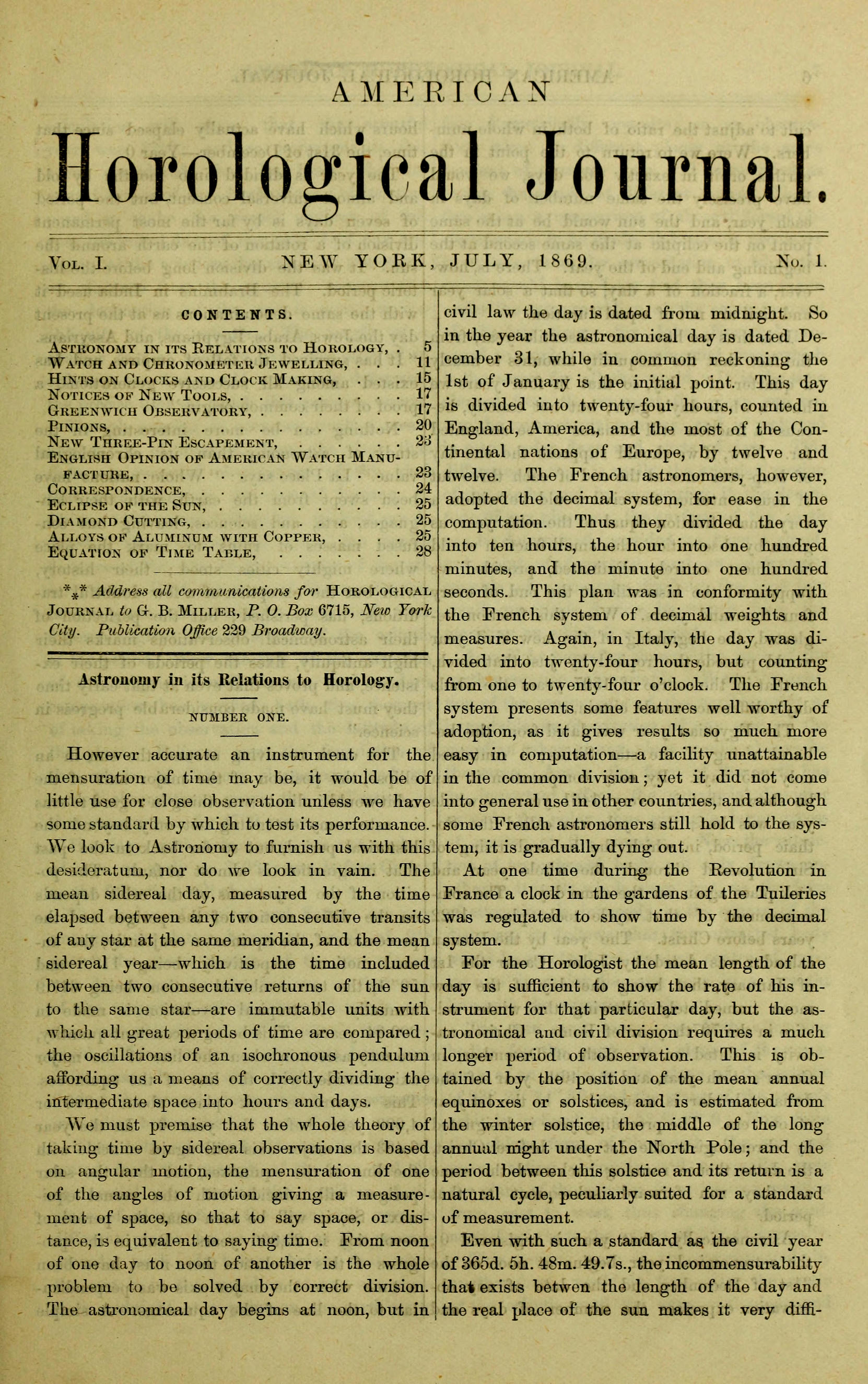 Amerikan Saatçilik Dergisi, Cilt I, Sayı 1, Temmuz 1869: Uygulamalı Saatçiliğe Adanmış kapak